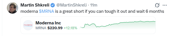Martin Shkreli Short Moderna MRNA at $220.99