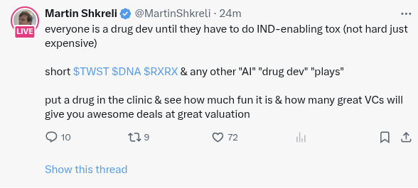 Martin Shkreli Short AI Drug Dev TWST DNA RXRX
